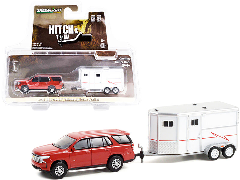 Greenlight 2021 Chevrolet Tahoe Cherry Red Pearl with White Horse Trailer "Hitch & Tow" Series 23 1/64 Diecast Model Car by Greenlight