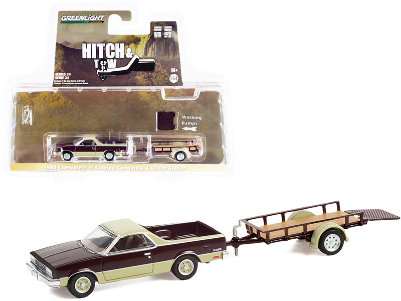 Greenlight 1984 Chevrolet El Camino Conquista Maroon Metallic and Beige with Utility Trailer "Hitch & Tow" Series 24 1/64 Diecast Model Car by Greenlight