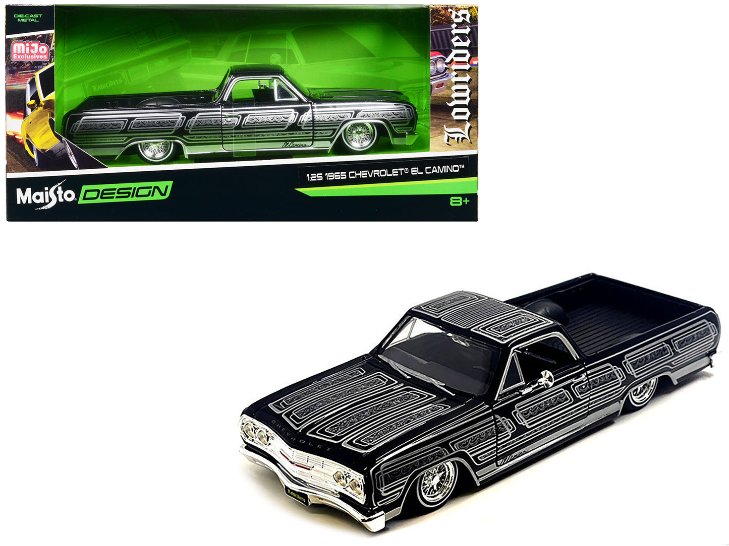 Maisto 1965 Chevrolet El Camino Lowrider Black Metallic with Silver Graphics "Lowriders" Series 1/25 Diecast Model Car by Maisto