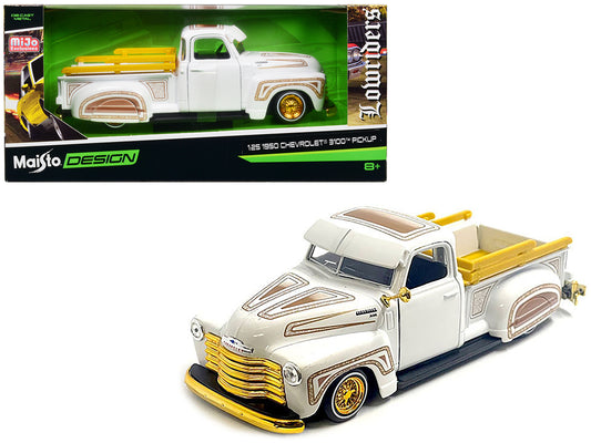 Maisto 1950 Chevrolet 3100 Pickup Truck Lowrider White with Graphics and Gold Wheels "Lowriders" Series 1/25 Diecast Model Car by Maisto