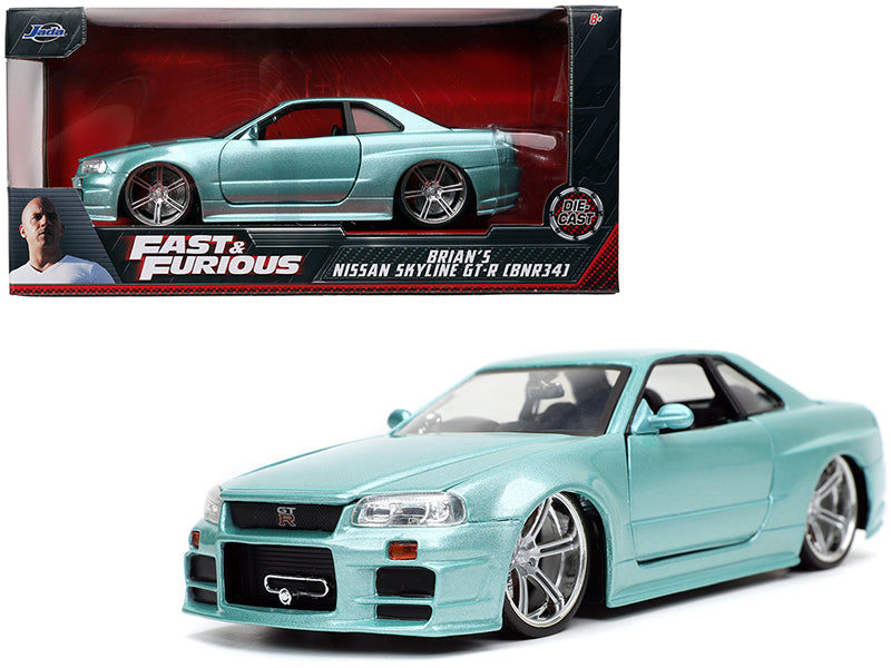 Jada Brian's Nissan Skyline GT-R (BNR34) RHD (Right Hand Drive) Turquoise Metallic "Fast & Furious" Movie 1/24 Diecast Model Car by Jada