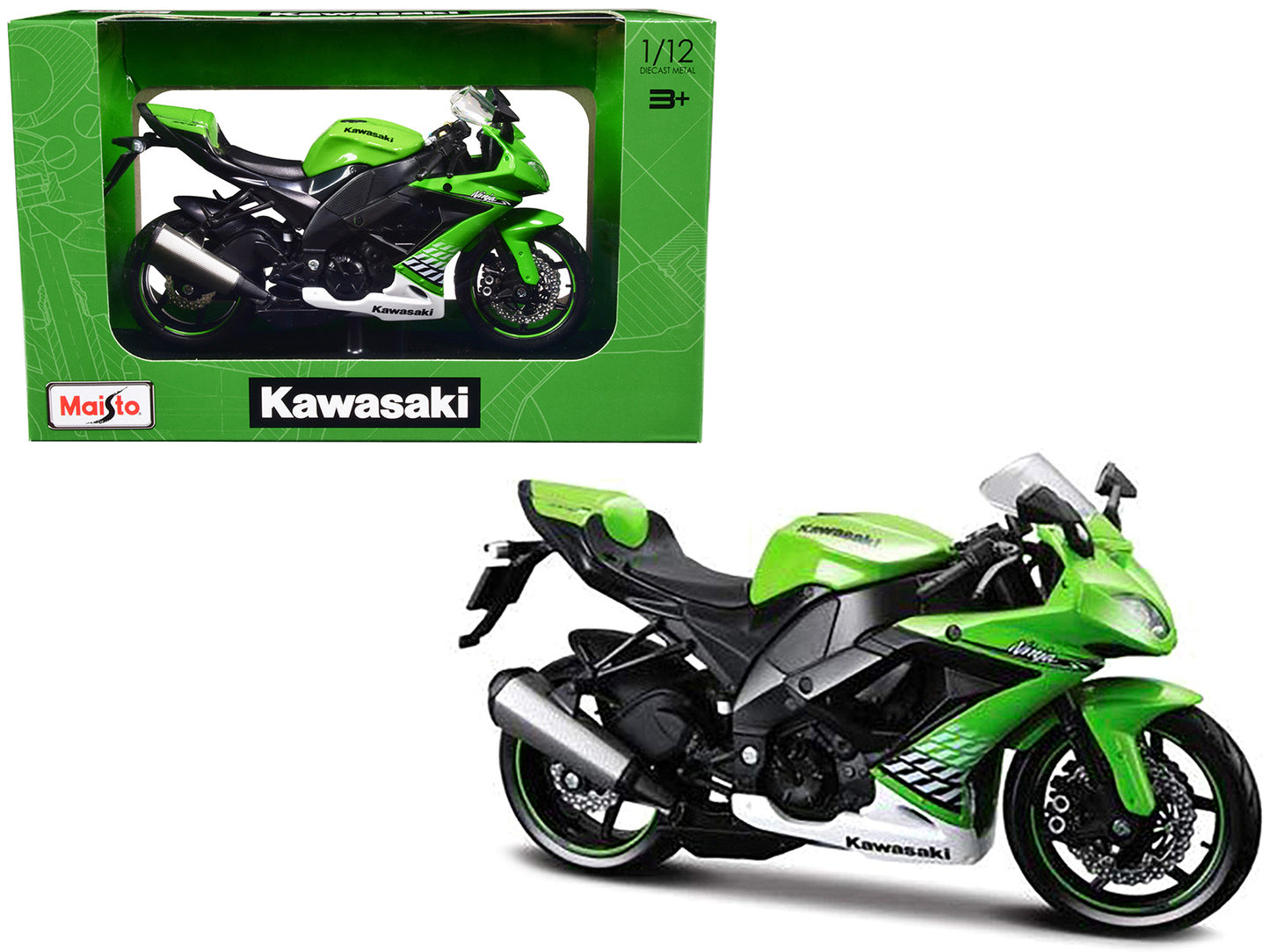 Maisto 2010 Kawasaki Ninja ZX-10R Green with Plastic Display Stand 1/12 Diecast Motorcycle Model by Maisto