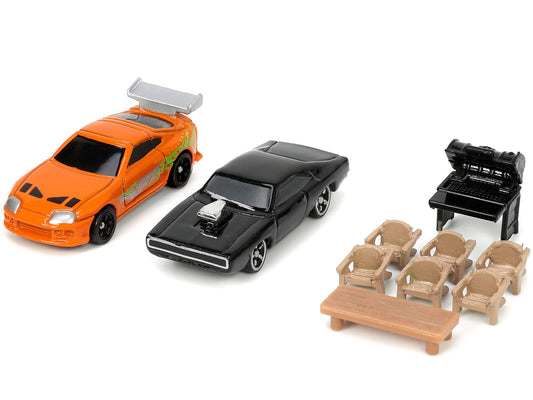 Jada Toretto House Diorama with Dodge Charger Black and Toyota Supra Orange with Graphics "Fast and Furious" "Nano Scene" Series Models by Jada