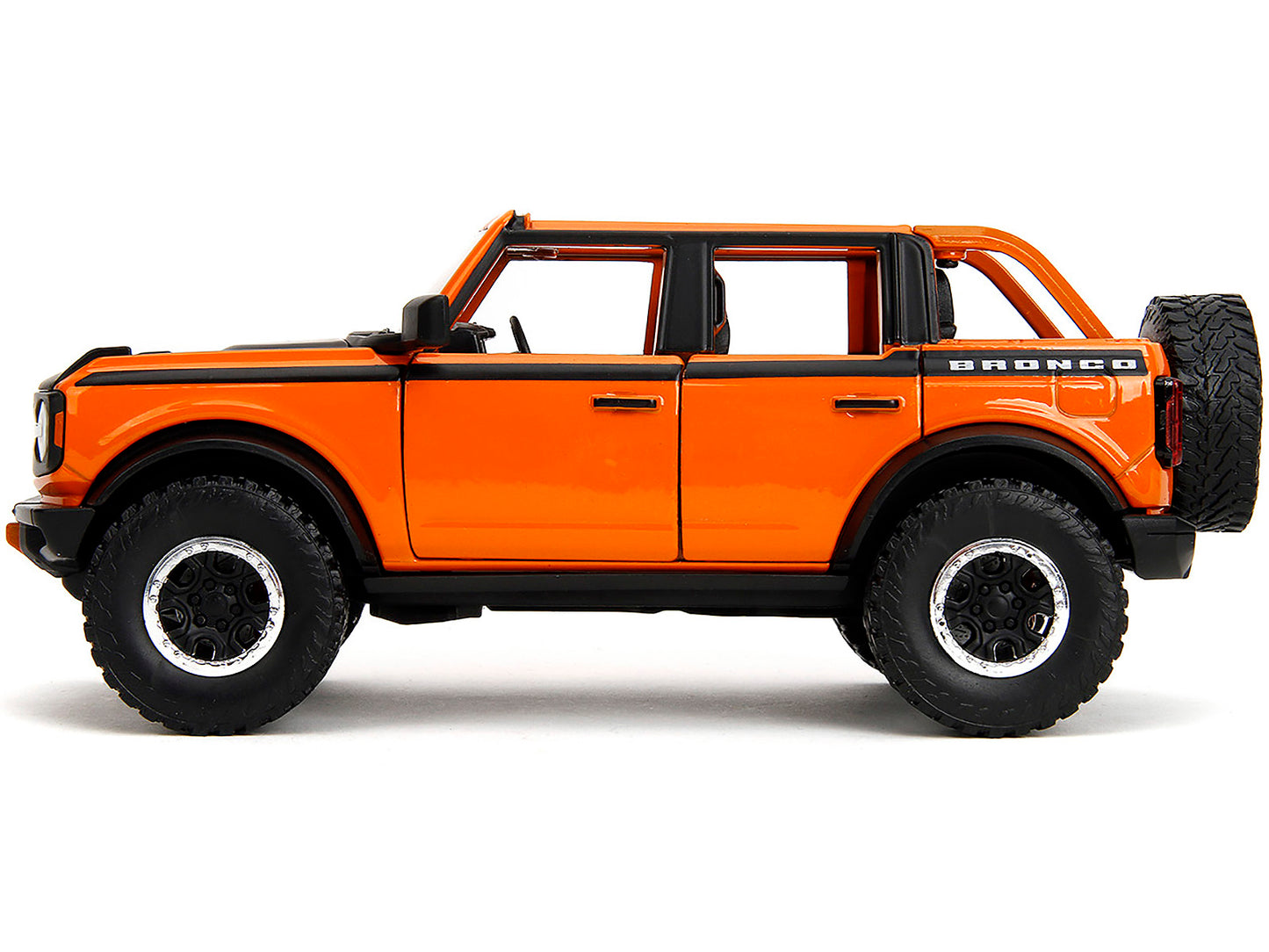 Jada 2021 Ford Bronco Open-Top Orange with Black Stripes and Hood with Extra Wheels "Just Trucks" Series 1/24 Diecast Model Car by Jada