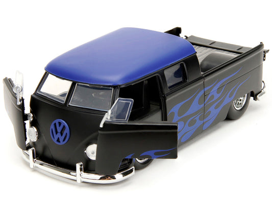Jada 1963 Volkswagen Bus Pickup Truck Matt Black with Matt Blue Top and Flames Graphics "Punch Buggy" Series 1/24 Diecast Model Car by Jada