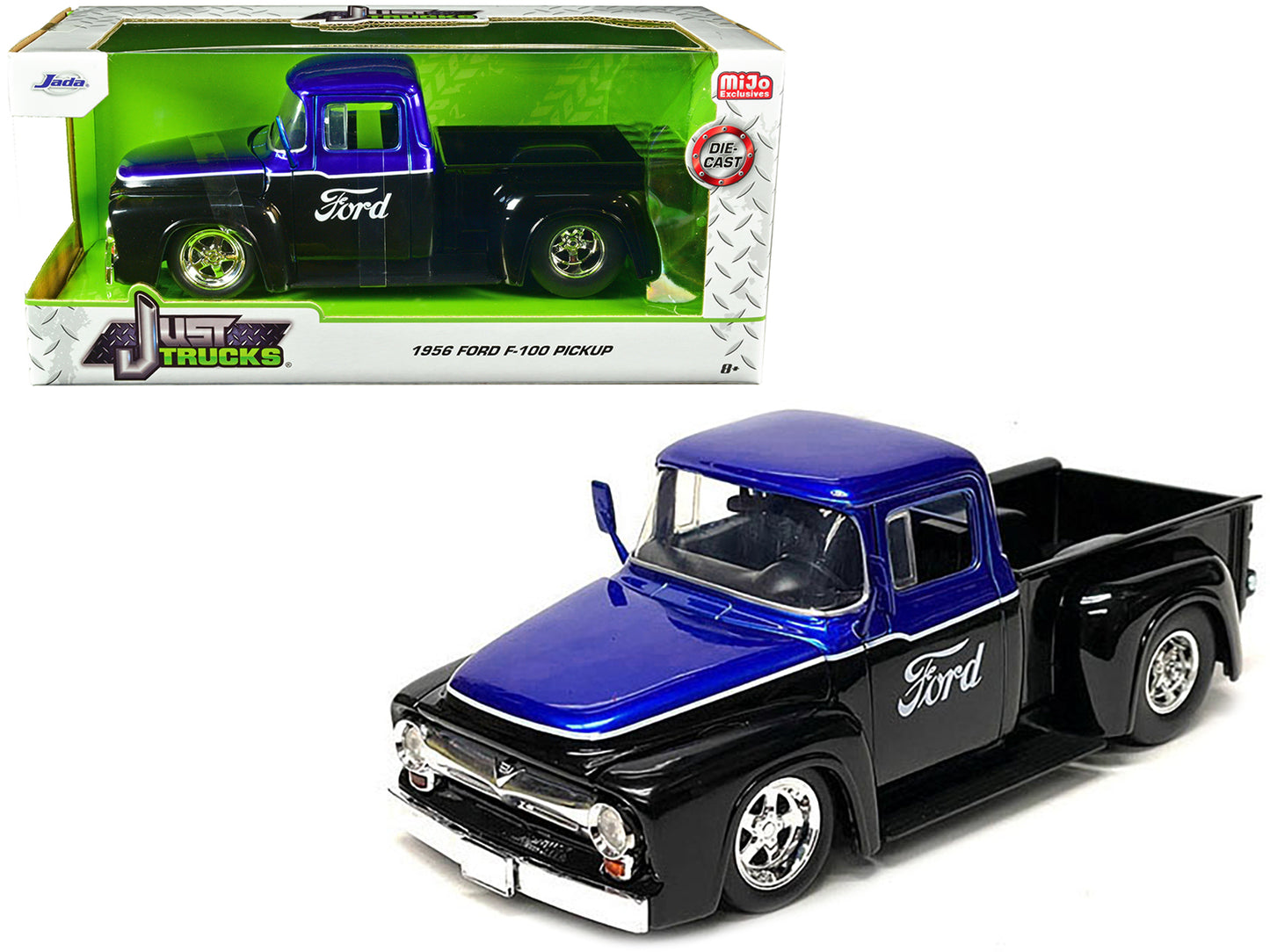 Jada 1956 Ford F-100 Pickup Truck Black and Blue Metallic with Ford Graphics "Just Trucks" Series 1/24 Diecast Model Car by Jada