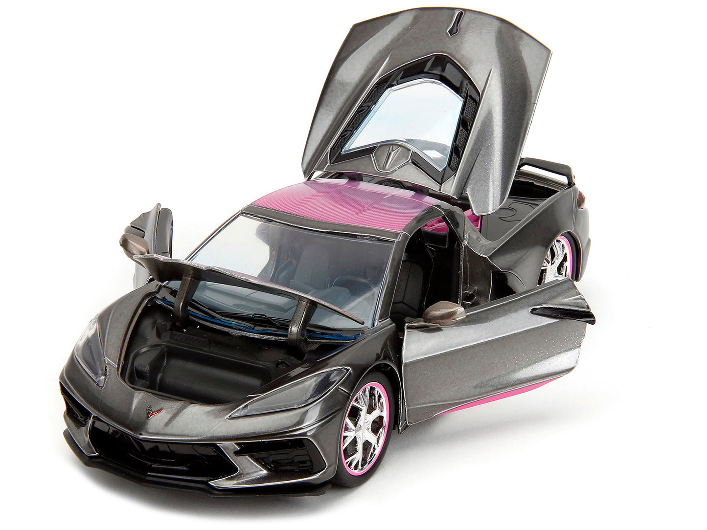 Jada 2020 Chevrolet Corvette Stingray Gray Metallic with Pink Carbon Hood and Top "Pink Slips" Series 1/24 Diecast Model Car by Jada