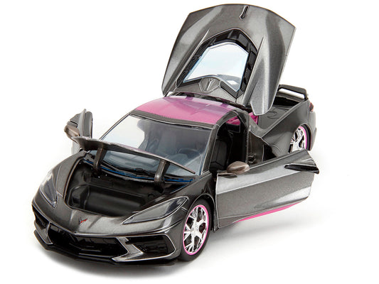 Jada 2020 Chevrolet Corvette Stingray Gray Metallic with Pink Carbon Hood and Top "Pink Slips" Series 1/24 Diecast Model Car by Jada