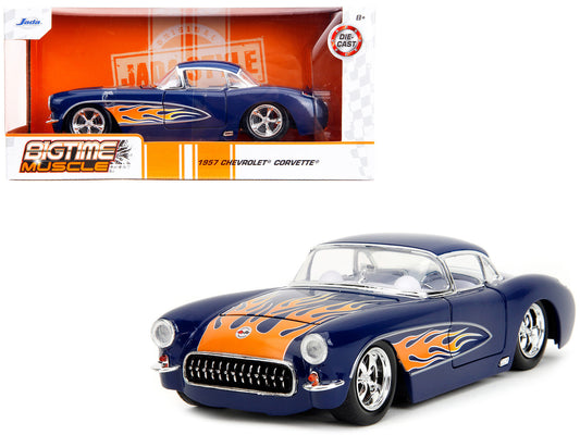 Jada 1957 Chevrolet Corvette Dark Blue with Flame Graphics and White Interior "Bigtime Muscle" Series 1/24 Diecast Model Car by Jada