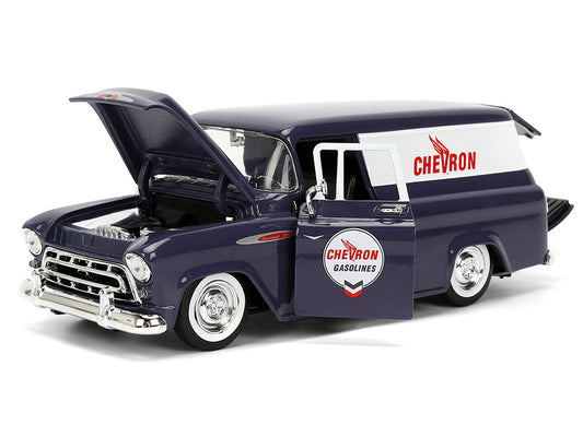 Jada 1957 Chevrolet Suburban "Chevron" Dark Blue with White Stripes and Chevron Gas Pump "Just Trucks" Series 1/24 Diecast Model Car by Jada