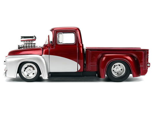 Jada 1956 Ford F-100 Pickup Truck Red Metallic with Silver Accents and Jada Gas Pump "Just Trucks" Series 1/24 Diecast Model Car by Jada