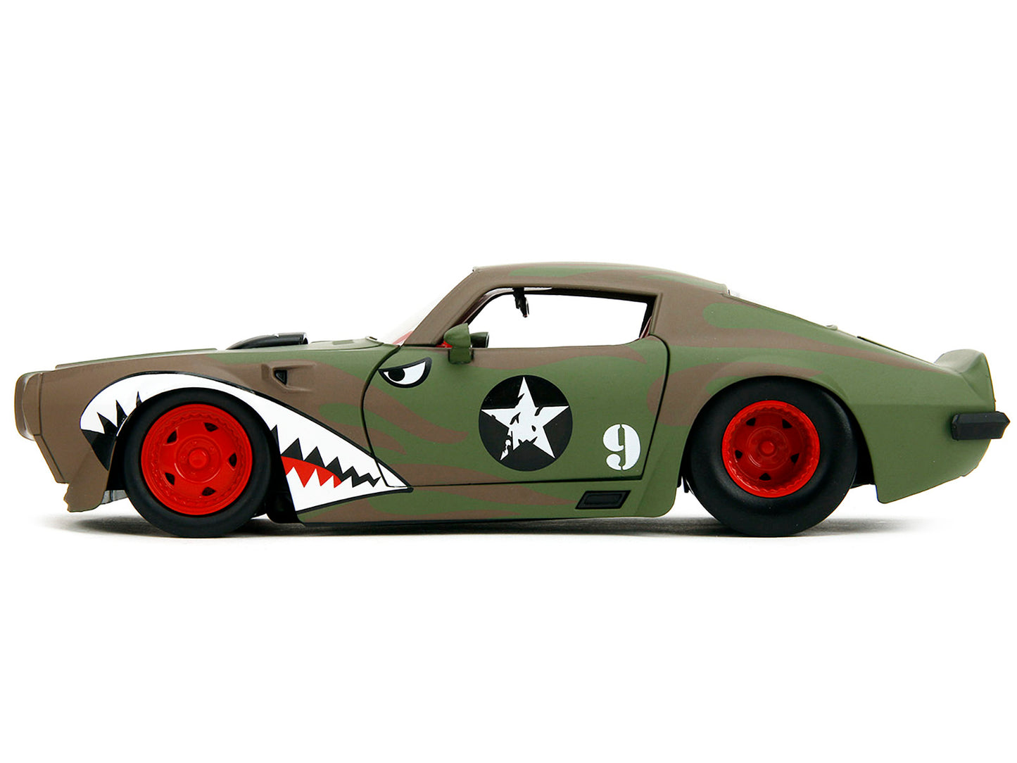 Jada 1972 Pontiac Firebird #9 Green Camouflage Flames with Graphics and Red Interior "Bigtime Muscle" Series 1/24 Diecast Model Car by Jada