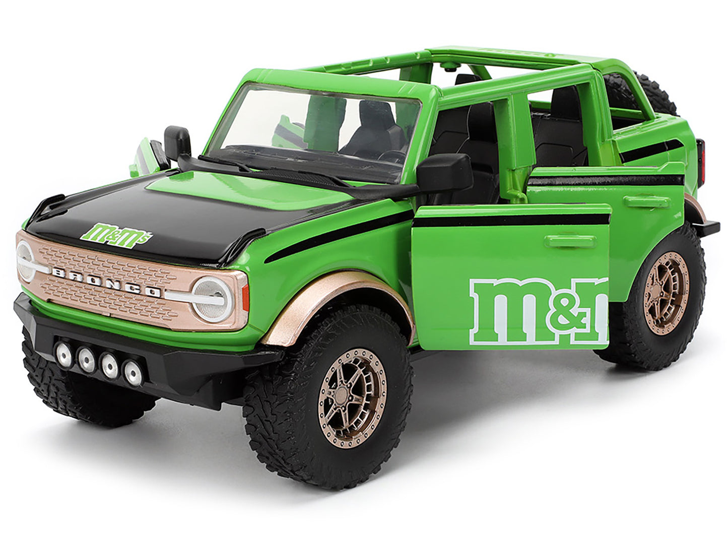Jada 2021 Ford Bronco Green with Black Stripes and Green M&M's Diecast Figure "Hollywood Rides" Series 1/24 Diecast Model Car by Jada