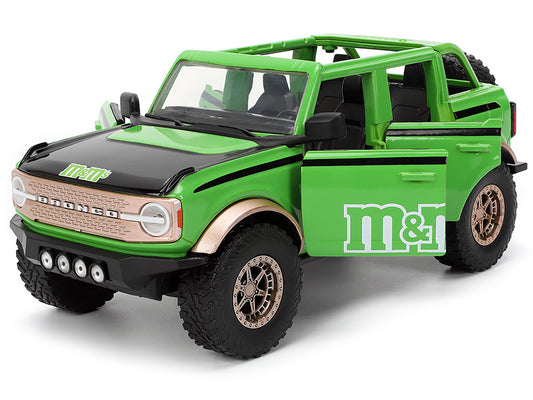 Jada 2021 Ford Bronco Green with Black Stripes and Green M&M's Diecast Figure "Hollywood Rides" Series 1/24 Diecast Model Car by Jada