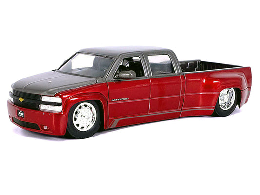 Jada 1999 Chevrolet Silverado Dually Pickup Truck Red Metallic and Gray with Stock Wheels "Just Trucks" Series 1/24 Diecast Model Car by Jada