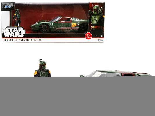 2005 Ford GT Green (Weathered) with Graphics and Boba Fett Figure "Star Wars" Franchise "Hollywood Rides" Series 1/24 Diecast Model Car by Jada