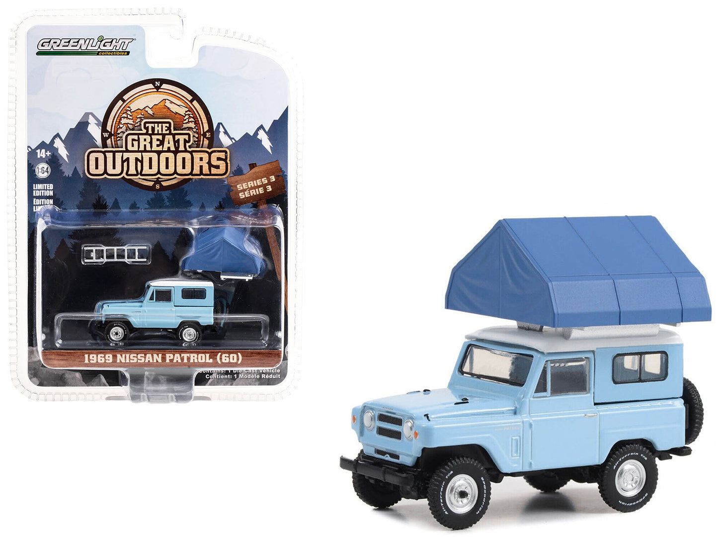 Greenlight 1969 Nissan Patrol (60) Light Blue with White Top and Camp'otel Cartop Sleeper Tent "The Great Outdoors" Series 3 1/64 Diecast Model Car by Greenlight