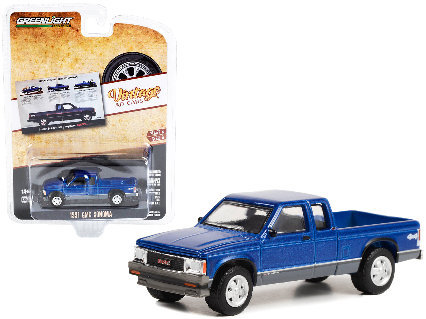 Greenlight 1991 GMC Sonoma Pickup Truck Blue Metallic and Gray "It's Not Just A Truck Anymore" "Vintage Ad Cars" Series 8 1/64 Diecast Model Car by Greenlight