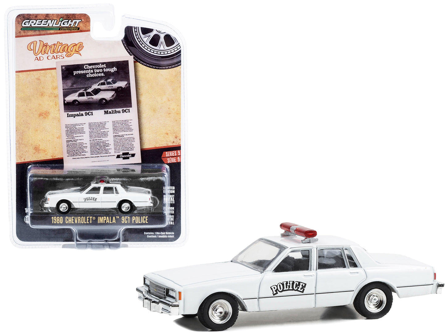 Greenlight 1980 Chevrolet Impala 9C1 Police White "Chevrolet Presents Two Tough Choices" "Vintage Ad Cars" Series 9 1/64 Diecast Model Car by Greenlight