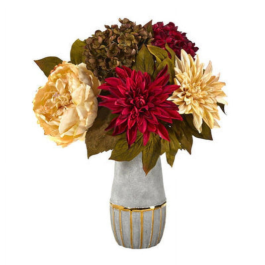 17" Peony Hydrangea & Dahlia Arrangement in Stoneware Vase
