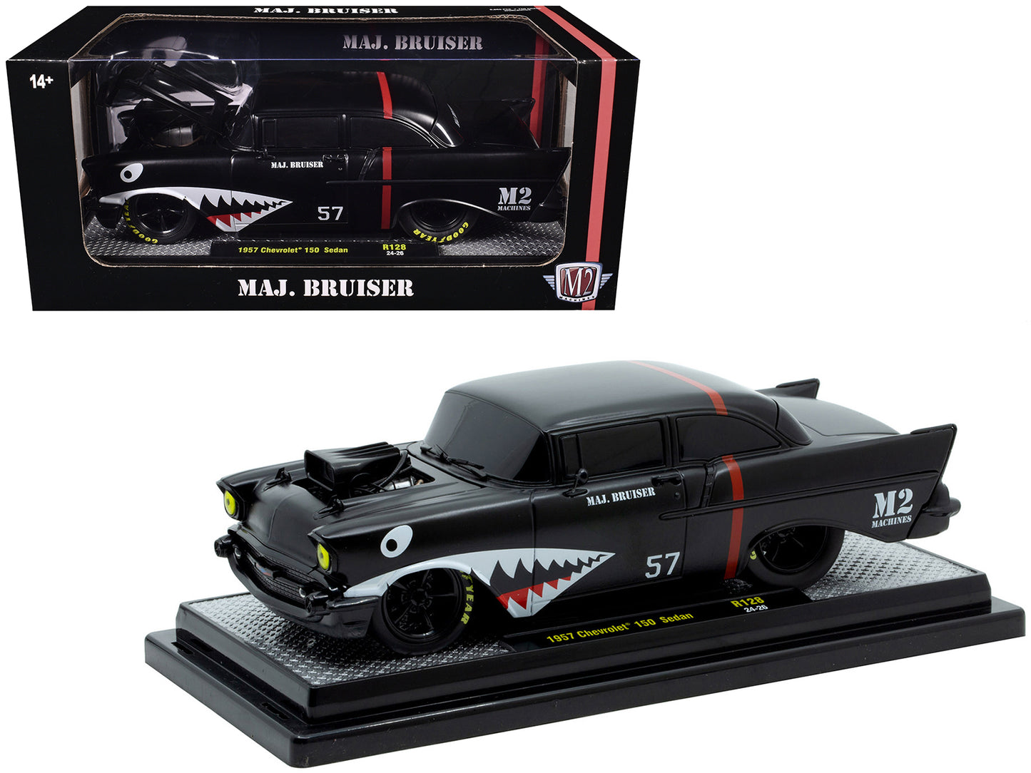 1957 Chevrolet 150 Sedan "Maj. Bruiser" Matt Black with Red Stripe and Shark Mouth Graphics Limited Edition to 6650 pieces Worldwide 1/24 Diecast Model Car by M2 Machines