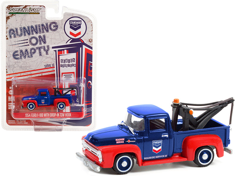 Greenlight 1954 Ford F-100 Tow Truck with Drop-in Tow Hook "Standard Oil" Blue and Matt Red "Running on Empty" Series 13 1/64 Diecast Model Car by Greenlight