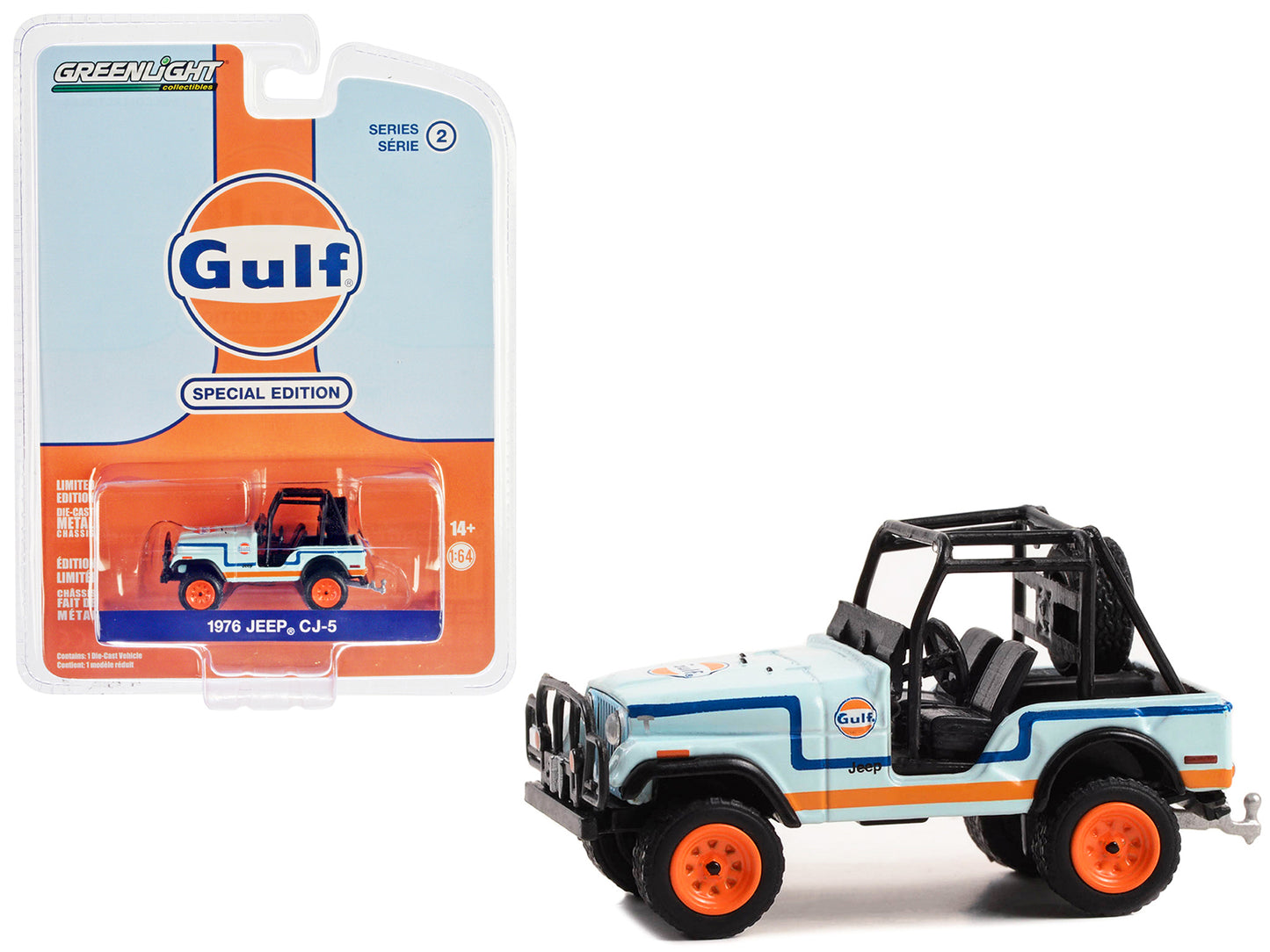 Greenlight 1976 Jeep CJ-5 Light Blue with Blue and Orange Stripes "Gulf Oil Special Edition" Series 2 1/64 Diecast Model Car by Greenlight
