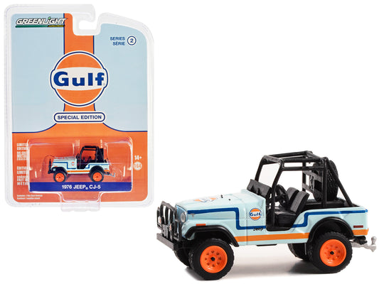Greenlight 1976 Jeep CJ-5 Light Blue with Blue and Orange Stripes "Gulf Oil Special Edition" Series 2 1/64 Diecast Model Car by Greenlight
