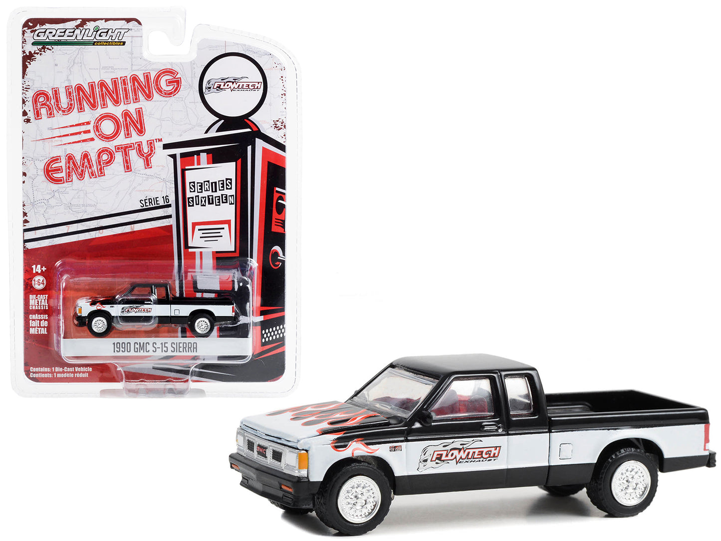 Greenlight 1990 GMC S-15 Sierra Pickup Truck Black and White with Flames "Flowtech Exhaust" "Running on Empty" Series 16 1/64 Diecast Model Car by Greenlight