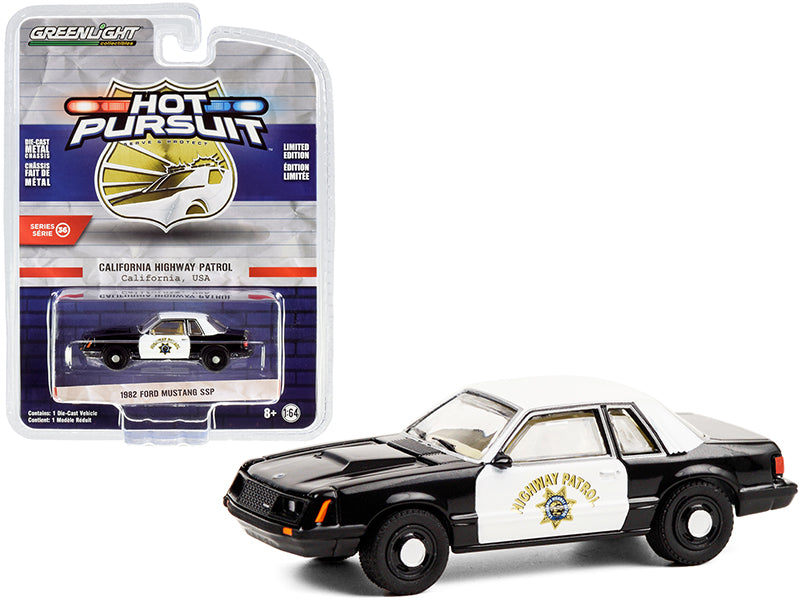 Greenlight 1982 Ford Mustang SSP Black and White CHP "California Highway Patrol" "Hot Pursuit" Series 36 1/64 Diecast Model Car by Greenlight