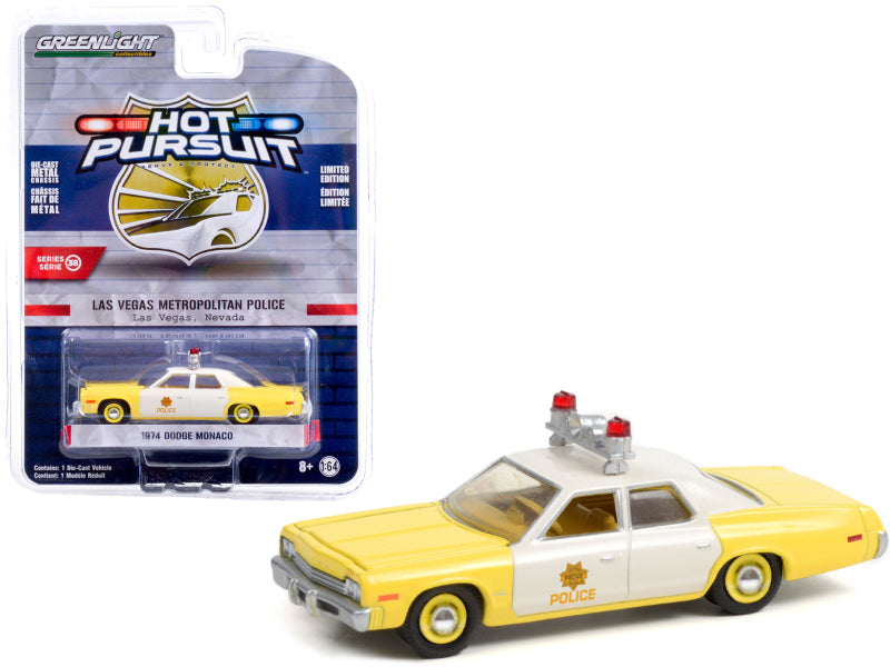 Greenlight 1974 Dodge Monaco Yellow and White "Las Vegas Metropolitan Police Department" (Nevada) "Hot Pursuit" Series 38 1/64 Diecast Model Car by Greenlight