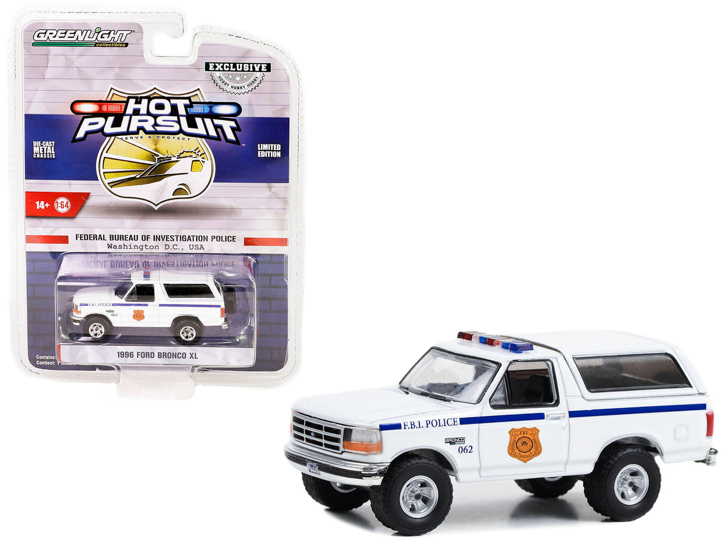 Greenlight 1996 Ford Bronco XL White "FBI Police (Federal Bureau of Investigation Police)" "Hot Pursuit" Special Edition 1/64 Diecast Model Car by Greenlight