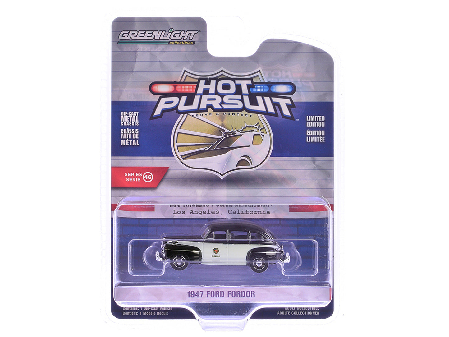 Greenlight 1947 Ford Fordor "LAPD (Los Angeles Police Department)" Black and White "Hot Pursuit" Series 1/64 Diecast Model Car by Greenlight