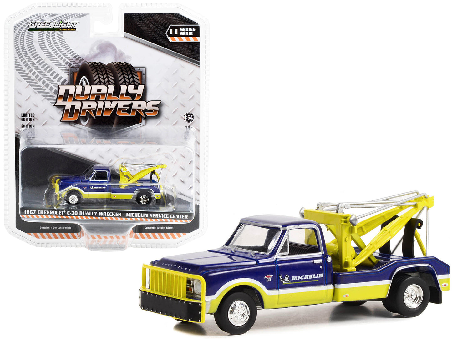 Greenlight 1967 Chevrolet C-30 Dually Wrecker Tow Truck "Michelin Service Center" Blue and Yellow "Dually Drivers" Series 11 1/64 Diecast Model Car by Greenlight