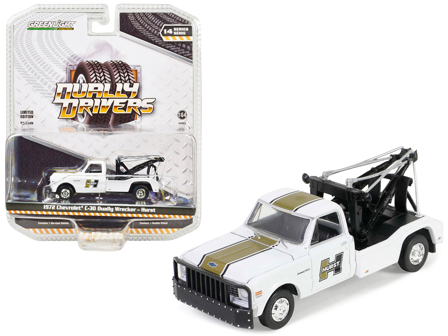 Greenlight 1972 Chevrolet C-30 Dually Wrecker Tow Truck White with Gold Stripes "Hurst" "Dually Drivers" Series 14 1/64 Diecast Model Car by Greenlight
