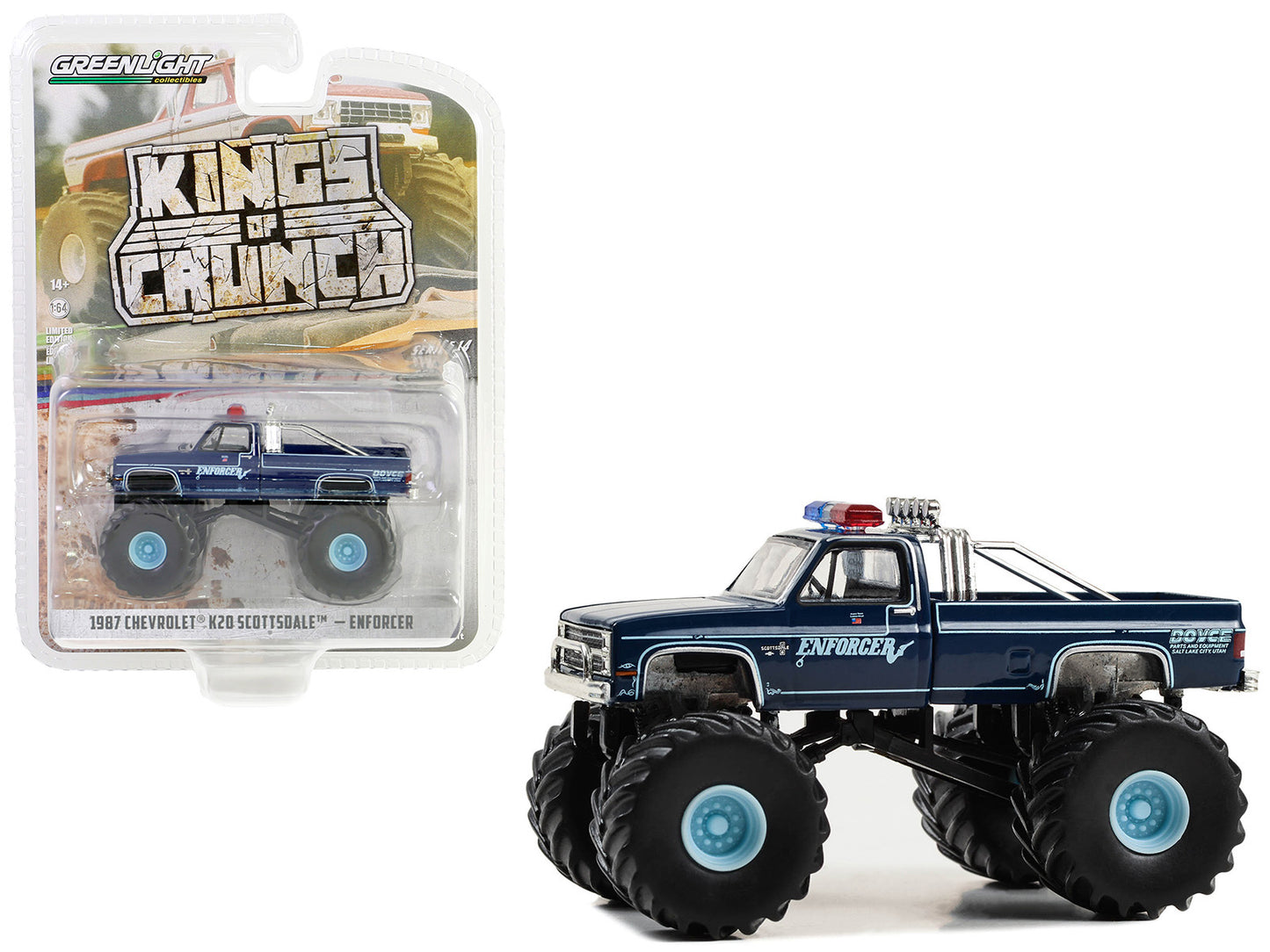 Greenlight 1987 Chevrolet K20 Scottsdale Monster Truck Dark Blue "Enforcer" "Kings of Crunch" Series 14 1/64 Diecast Model Car by Greenlight