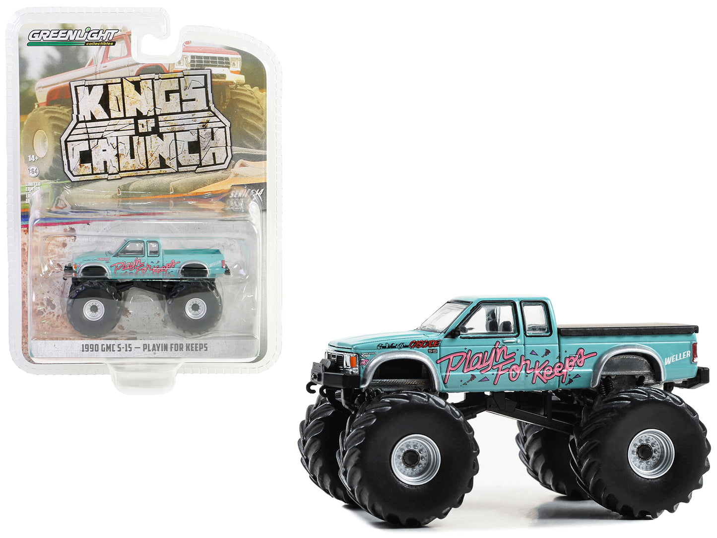 Greenlight 1990 GMC S-15 Monster Truck Light Blue "Playin' for Keeps" "Kings of Crunch" Series 14 1/64 Diecast Model Car by Greenlight