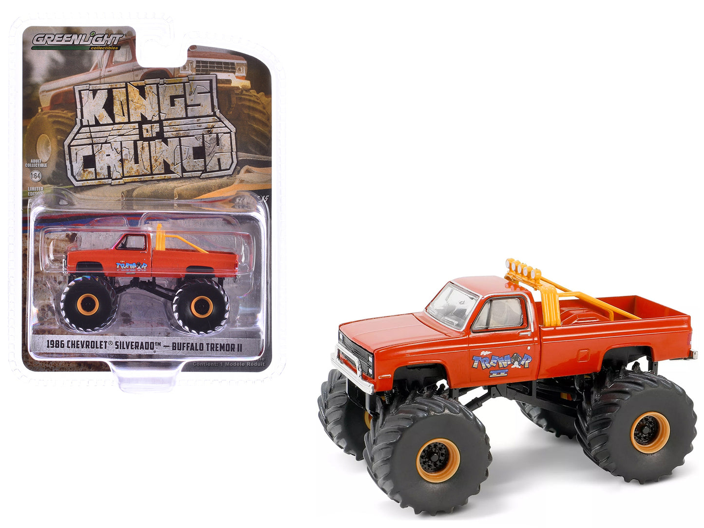 Greenlight 1986 Chevrolet Silverado Monster Truck Orange "Buffalo Tremor II" "Kings of Crunch" Series 15 1/64 Diecast Model Car by Greenlight
