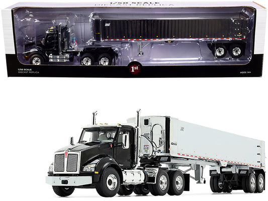 First Gear Kenworth T880 Day Cab with East Genesis End Dump Trailer Black and Chrome 1/50 Diecast Model by First Gear