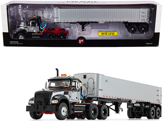 First Gear Mack Granite MP Tandem-Axle Day Cab with East Genesis End Dump Trailer Black and Silver 1/50 Diecast Model by First Gear