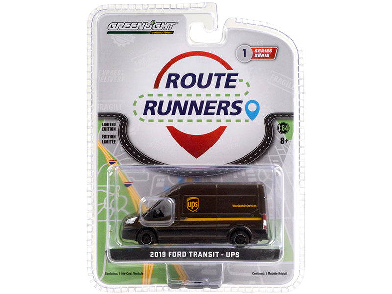 Greenlight 2019 Ford Transit High Roof Van Brown "United Parcel Service" (UPS) "Worldwide Services" "Route Runners" Series 1 1/64 Diecast Model by Greenlight