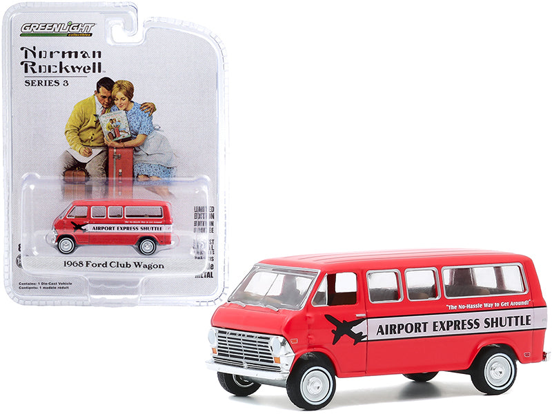 Greenlight 1968 Ford Club Wagon Bus "Airport Express Shuttle" Red with White Stripe "Norman Rockwell" Series 3 1/64 Diecast Model Car by Greenlight