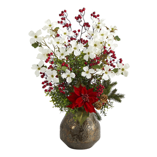 31" Poinsettia Dogwood and Berry Arrangement in Vase