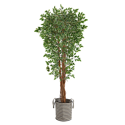70" Ficus Tree in Black-White Jute Basket UV(Indoor/Outdoor)