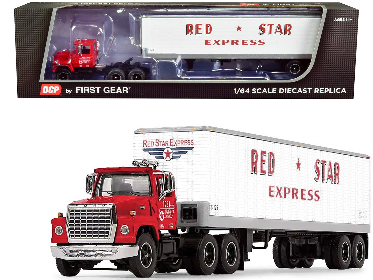 First Gear Ford LT-9000 Day Cab with Vintage 40' Dry Goods Tandem-Axle Trailer Red and White "Red Star Express" 1/64 Diecast Model by DCP/First Gear