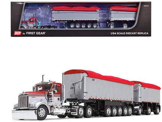 First Gear Kenworth W900L Day Cab and East Michigan Series 31' and 20' End Dump Trailers Viper Red and Silver 1/64 Diecast Model by DCP/First Gear