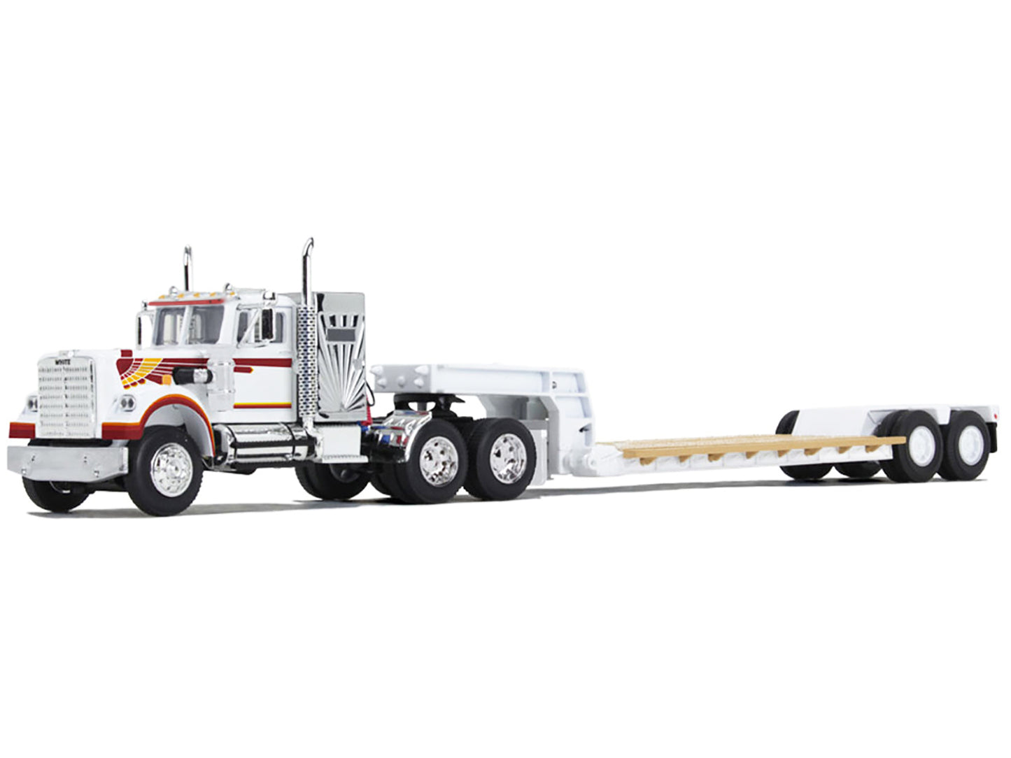 First Gear Western Star 4900 with 36" Vintage Flat Top Sleeper and Rogers Vintage Lowboy Trailer White with Graphics 1/64 Diecast Model by DCP/First Gear