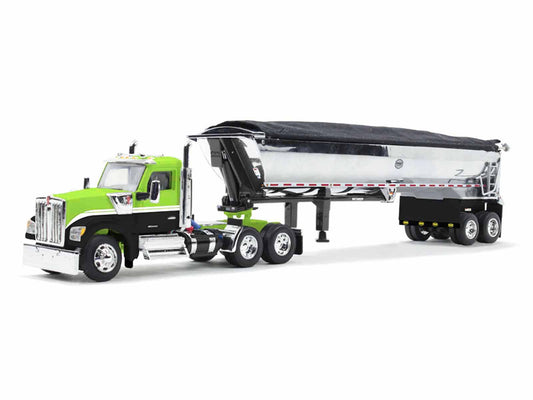First Gear Kenworth W990 Day Cab and MAC Half-Round Tandem-Axle Dump Trailer Lime Green and Black 1/64 Diecast Model by DCP/First Gear