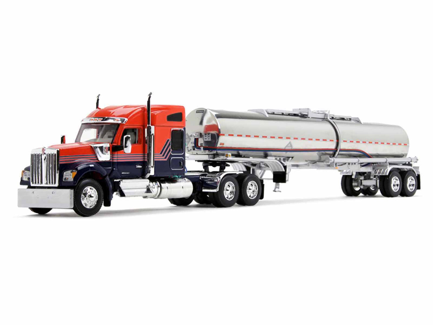First Gear Kenworth W990 with 76" Mid-Roof Sleeper and Brenner Chemical Grade Tandem Axle Tanker Trailer Red and Navy Blue 1/64 Diecast Model by DCP/First Gear
