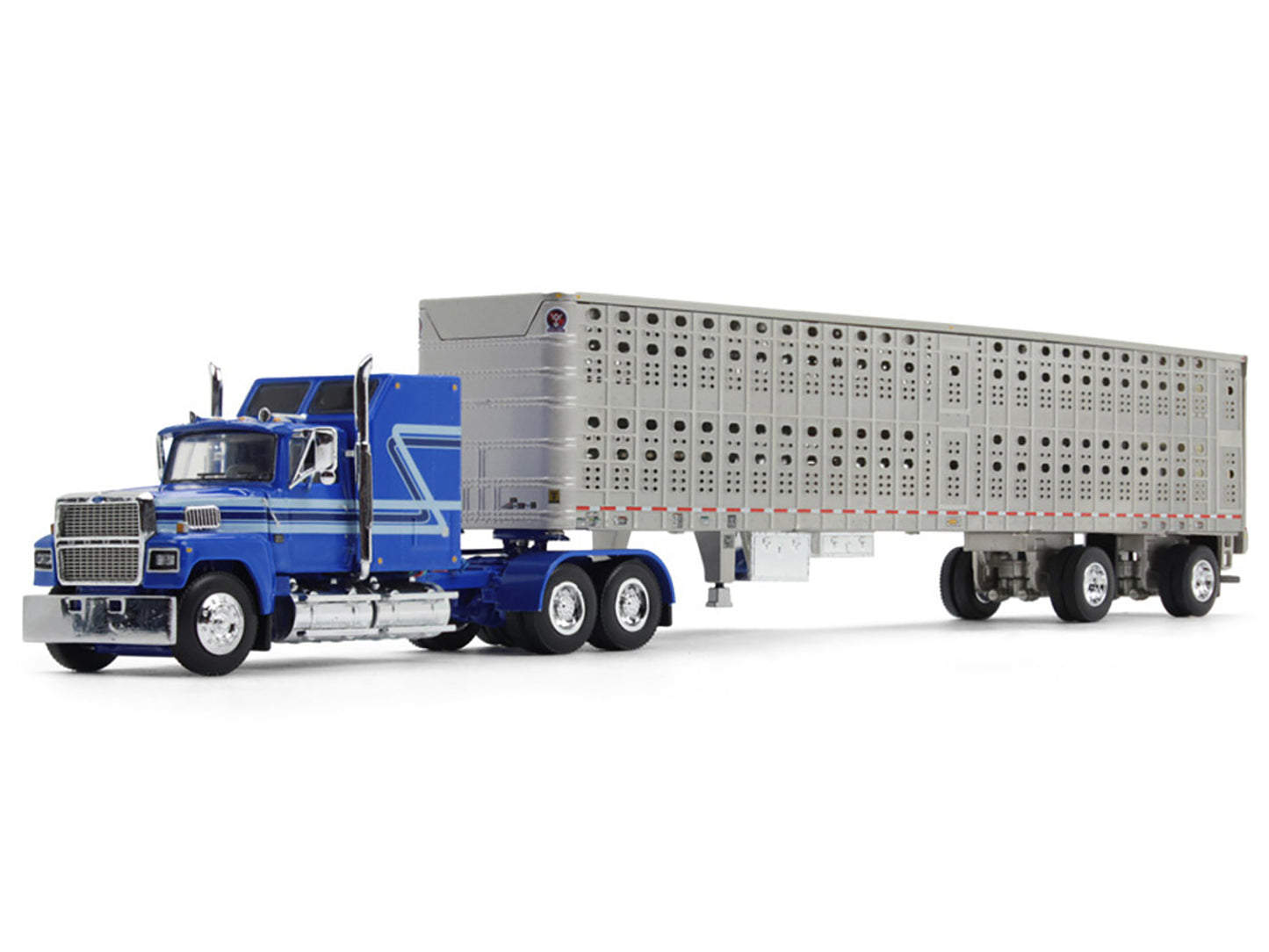 First Gear Ford LTL 9000 60" Aerodyne Sleeper with Wilson PSAL Stockmaster Livestock Trailer Blue with Stripes 1/64 Diecast Model by DCP/First Gear